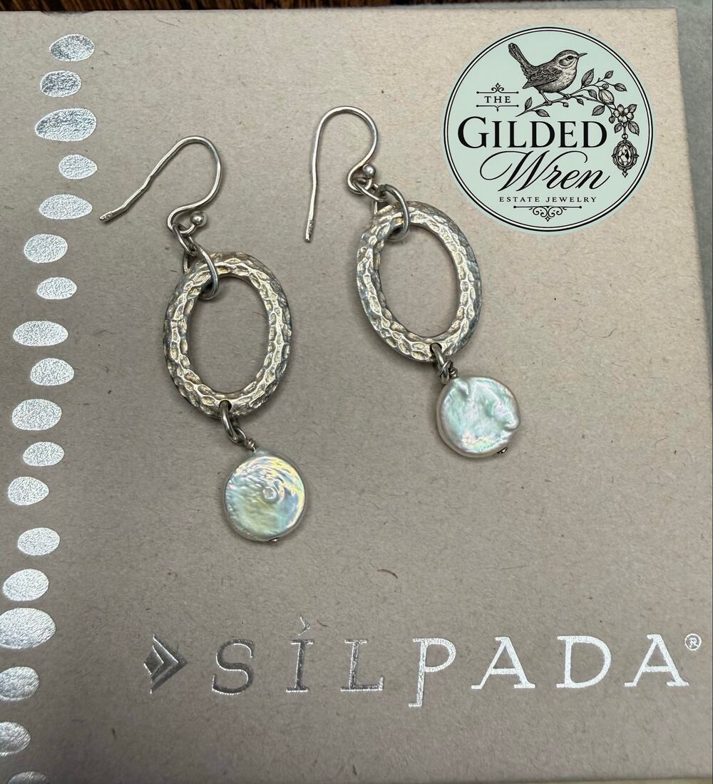 Silpada W1253 Sterling Silver Coin Pearl Hammered Oval Dangle Earrings